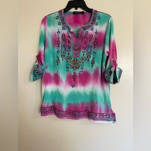 Caleooa Embroidered Tye Dye Roll Tab Sleeve Pullover Multicolor Blouse Top Sz M